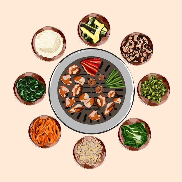 Vector traditioneel koreaans eten koreaans barbecue grillen rundvlees bbq gegrilde snacks illustratie voor restaurant menu bovenaanzicht vector illustratie