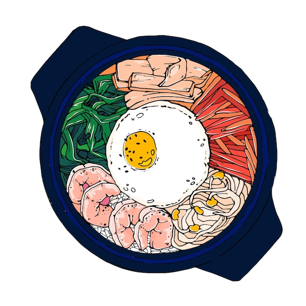 Vector traditioneel koreaans gerecht bibimbap met gebakken ei, inktvis, garnalen, komkommer, sojascheuten en zeewier.