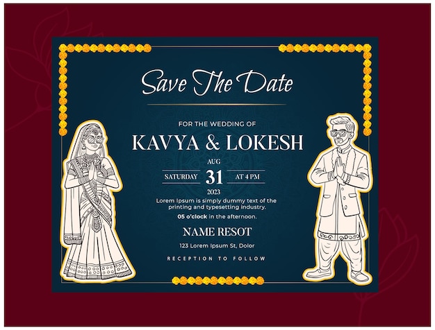 Traditioneel Royal Wedding Invitation kaartontwerp met bruid en bruidegom Welkom illustratie