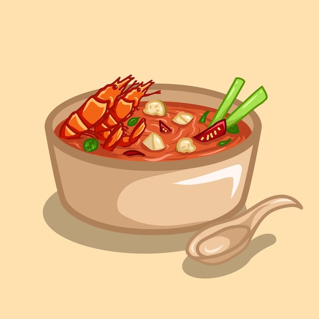 Traditioneel thais eten is tom yum-soep met zeevruchten op een kom met een lepel erop.