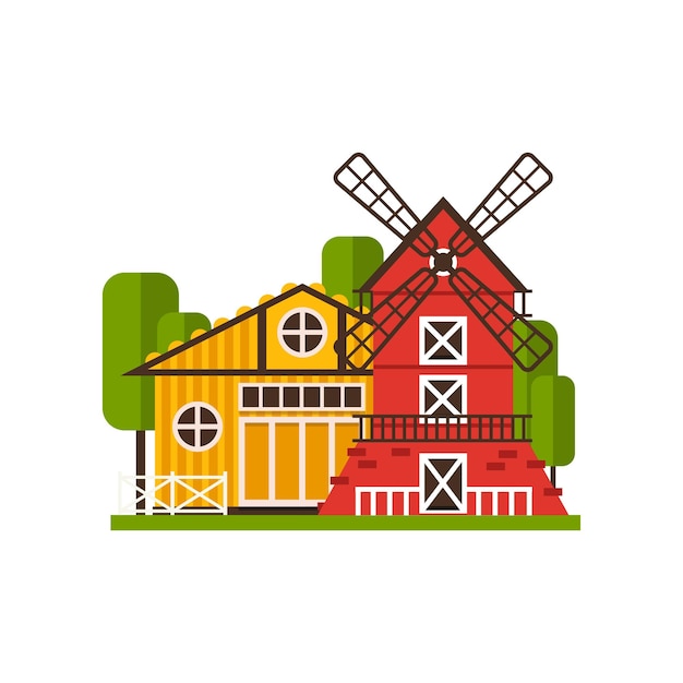 Traditionele Amerikaanse schuur en windmolen boerderij gebouwen platteland bouw vector illustraties op een witte achtergrond