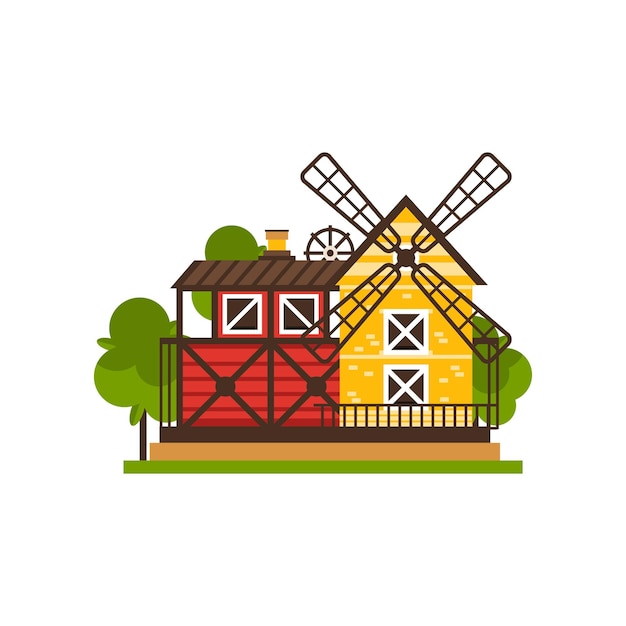 Vector traditionele amerikaanse schuur en windmolen platteland bouw vector illustraties geïsoleerd op een witte achtergrond