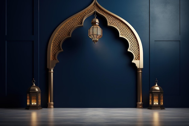 Vector traditionele arabische boog versierd met lantaarns en een gloeiende lamp in een zwak verlichte kamer