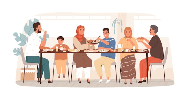 Traditionele Arabische grote familie die samen eten platte vectorillustratie. Nationale moslim familieleden eten en drinken zittend aan tafel geïsoleerd op wit. Mensen bij vakantiemaaltijd.