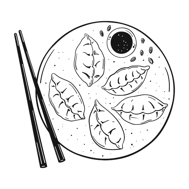 Traditionele Aziatische knoedels. Handgetekende schetsen met eetstokje en saus