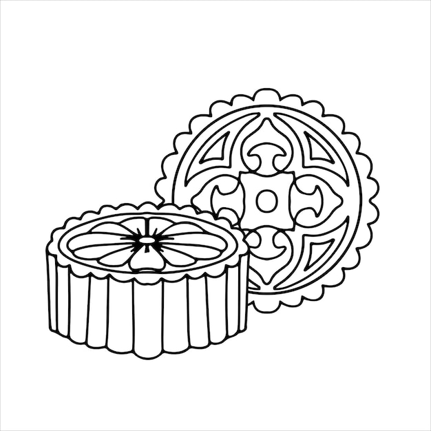 Traditionele Chinese maancake Happy Mid Autumn Festival-cakes hebben verschillende patronen Lijn vectorillustratie geïsoleerd op witte achtergrond