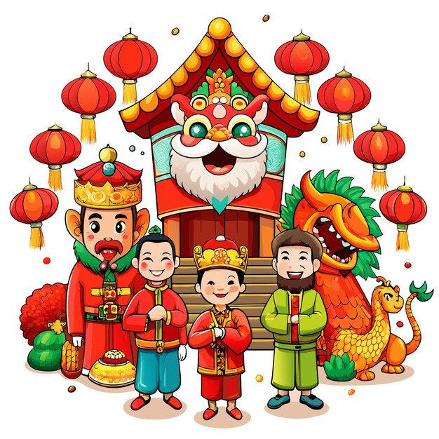 Traditionele Chinese nieuwjaarsviering met de hand getekende mascotte cartoon personage sticker icoon concept