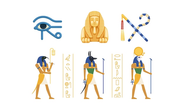 Traditionele culturele en historische symbolen van Egypte Collectie Oude Egyptische godheden Oog van Horus Sfinx Beeld Rod en zweep Vector illustratie