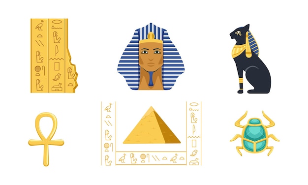 Traditionele culturele en historische symbolen van Egypte Collectie Piramide Ankh Tutankhamun Scarab Bastet Vector Illustratie