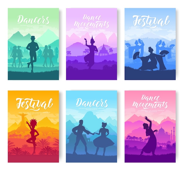 Traditionele dansen van over de hele wereld kaarten. culturele danserestijlen sjabloon van flyear, poster.