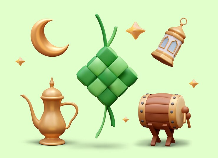 Vector traditionele elementen concept placard met ketupat gouden lantaarn halve maan
