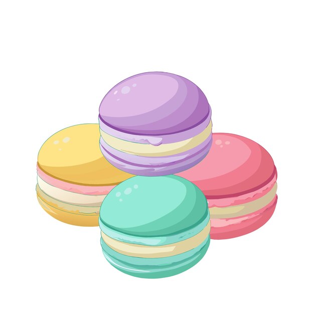 Traditionele Franse amandelmacarons koekjes in verschillende kleuren in schattige cartoon stijl