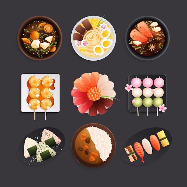 Traditionele Japanse keuken platte samenstelling met geïsoleerde afbeeldingen van gerechten met sushi rollen en rijst vectorillustratie