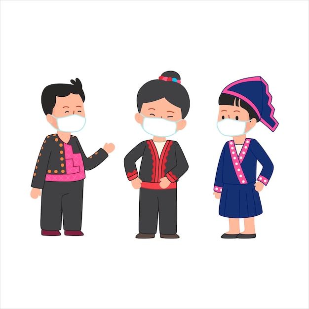 Traditionele kleding van Karen Hmong-mensen die in Thailand Azië wonen, schattige platte illustratie die een mas . draagt