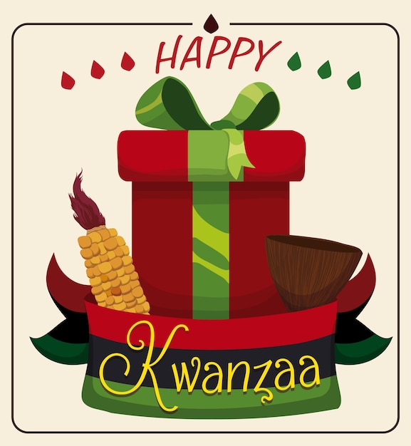 Traditionele Kwanzaa-beker maïs en geschenk omringd voor vlag