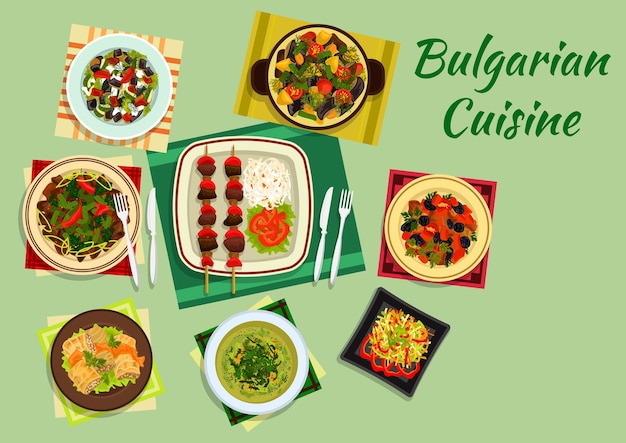 Traditionele nationale gerechten uit de bulgaarse keuken met lamskebab en groenten, koolrolletjes, sarmi en varkensvlees met pruimen