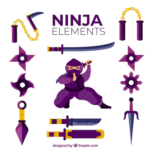 Traditionele ninja-elementencollectie met plat ontwerp