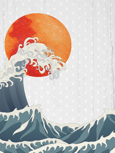 Traditionele oosterse stijl poster met golven van de zee en rode zon op de achtergrond.