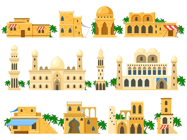 Traditionele oude Arabische architectuur modder bakstenen gebouwen. Torens, huizen, rotonde en kasteel gebouwen vector illustratie set. Arabische gebouwen architectuur oude, traditionele bouwsteen
