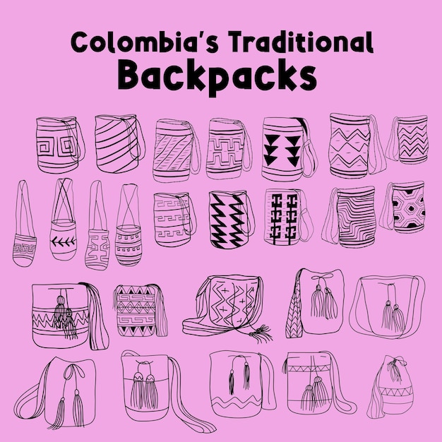 Vector traditionele rugzakken doodles van colombia