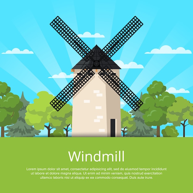 Vector traditionele steenachtige oude windmolen op aard