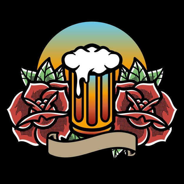 Vector traditionele tatoeage met bier en rozen vectorillustratie