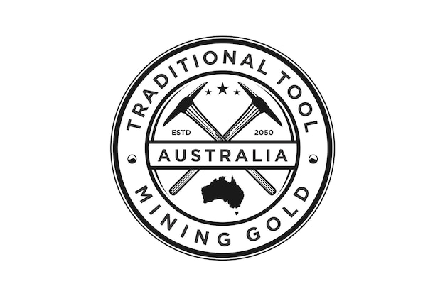 Traditionele tool mijnbouw pikhouweel logo ontwerp goudwinning australië embleem badge afgeronde vorm