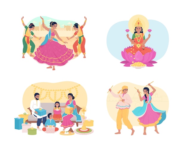 Vector traditions during diwali 2d vector isolated illustrations set