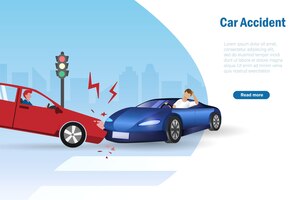 Vector traffic accident cars crashing on street at traffic light car insurance car accident and safety driving awareness concept