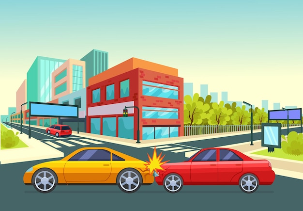 traffic accident at an crossroads in city, collision of two cars.