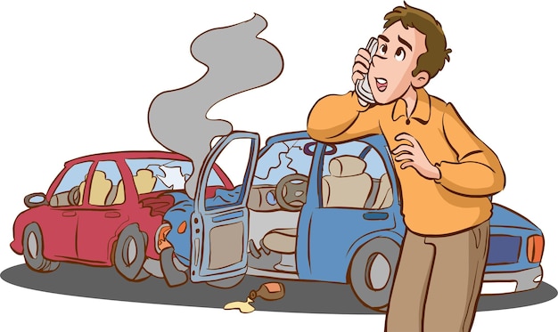 Traffic accident, emergency situation. Car crash cartoon vector illustration.
