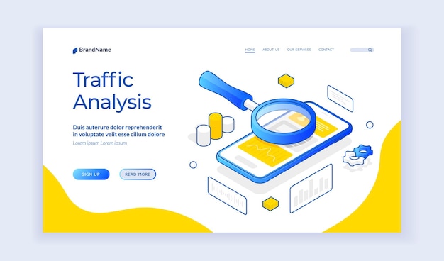 Traffic analysis. isometric banner template with magnifying glass above mobile phone for concept of traffic analysis. mobile page speed optimization. secure web traffic. landing page template