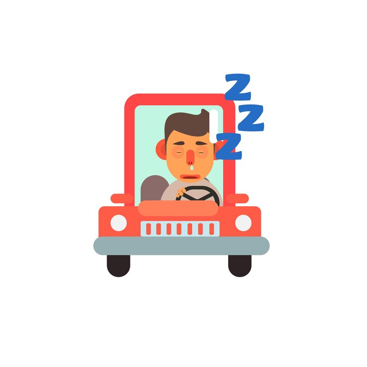 Vector traffic code sleeping behind the wheel flat isolated vector image in simplified cute childish style on white background