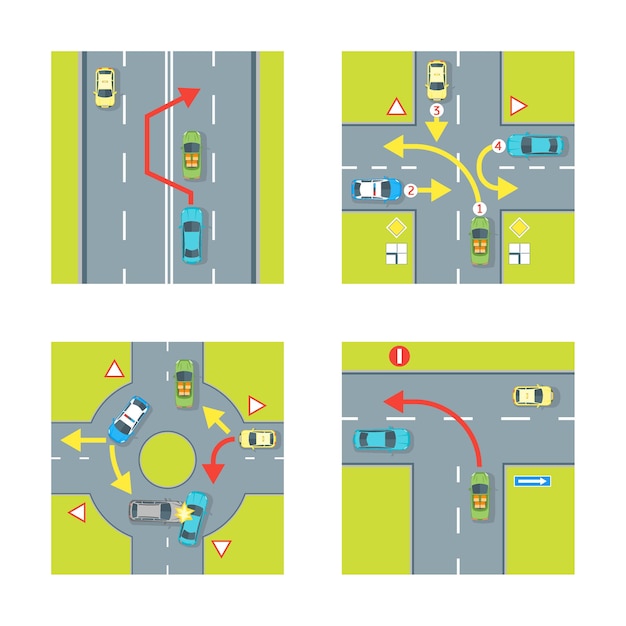 ベクトル 街の上面図に設定された車と矢印を使用した交通状況スキーム。