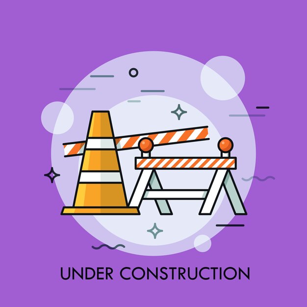 Vector traffic cone, road safety barrier and restrictive tape. concept of website under construction, error 404, repairing services, street maintenance and dangerous area.