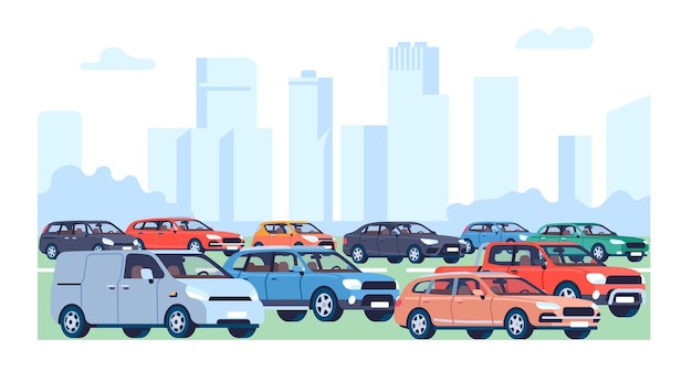 Vector traffic jam automobiles congestion city transportation downtown skyscrapers urban landscape with vehicles and buildings cars on highway town road minivans and sedans vector concept