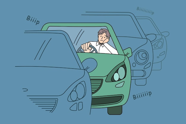 Traffic jam and road situation concept. Confused sad young man driver sitting in car in traffic jam waiting for movement feeling tired to stay in one place vector illustration