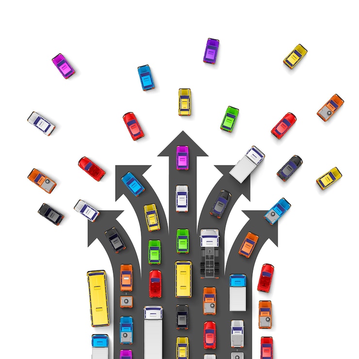 Vector traffic jam with directional arrows, the road way location.
