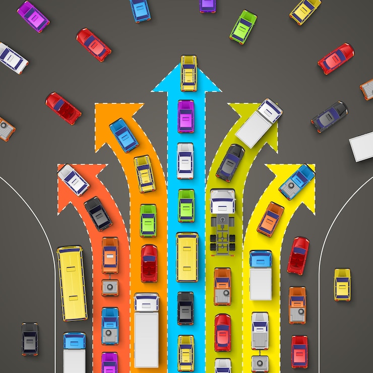 Vector traffic jam with directional arrows. vector illustration
