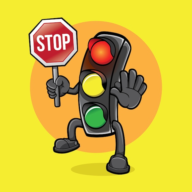 Traffic Light Cartoon Mascot Vector Holding Stop Sign