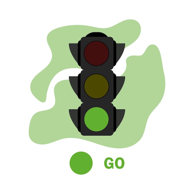 緑色の信号機のイラスト緑色のスポットとテキストのgoアイコンが付いた緑色の信号機