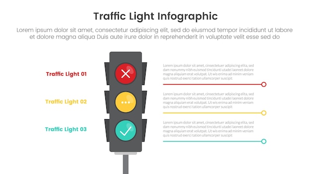 traffic light infographic template banner with standing lights with line bottom description with 3 point list information for slide presentation