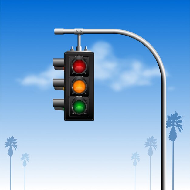 Traffic Light Two Angles Views With Cloud in Blue sky background and palm silhouette