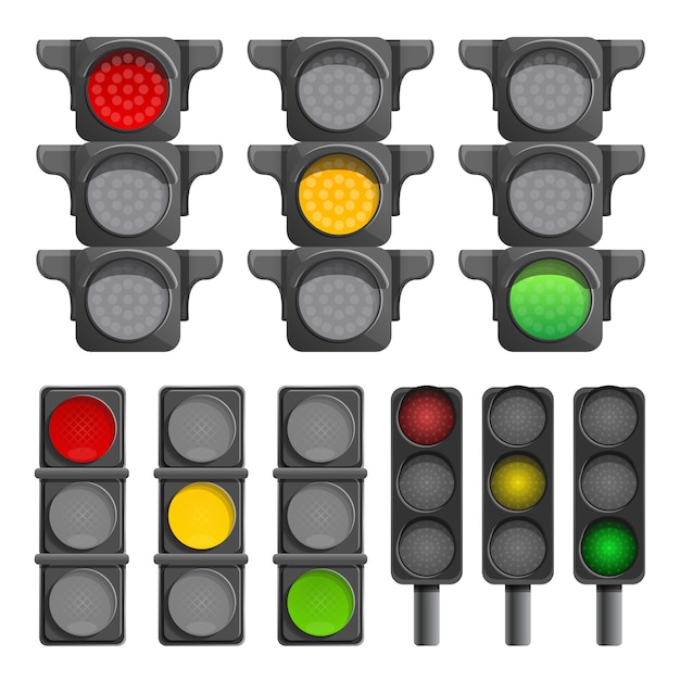 Traffic lights icon set, cartoon style