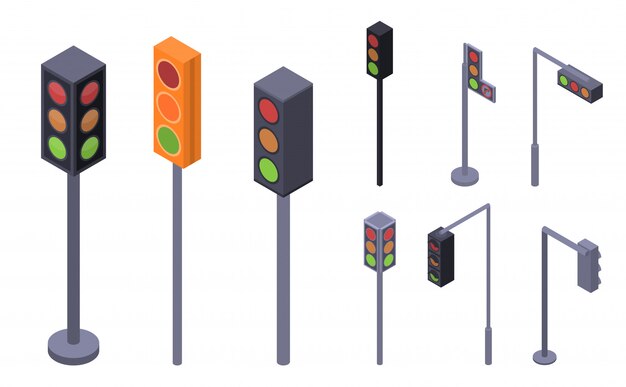 Traffic lights icon set. Isometric set of traffic lights vector icons for web design isolated on white background