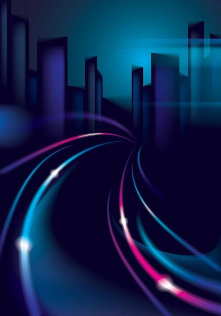 Traffic lights of the night city road, blurred lights. Effect vector beautiful background. Blur colorful dark background with cityscape, buildings silhouettes skyline.