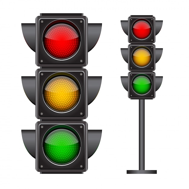 Vector traffic lights with all three colors on.