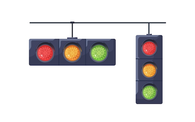 Vettore luci di traffico con segnali di colore rosso, giallo, verde. lampade semaforiche. sistema di semafori appesi. attrezzature di regolazione del movimento stradale. illustrazione vettoriale piatta isolata su sfondo bianco