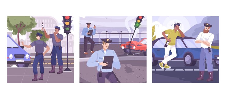 Vector traffic police square scenes set with transport control