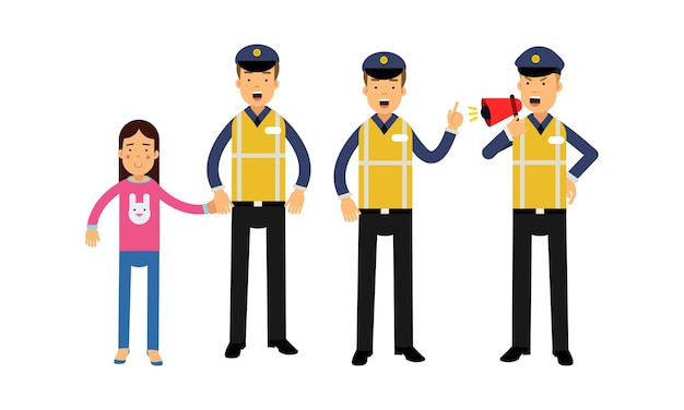 Vector traffic policeman wearing yellow vest speaking megaphone and holding little girl by the hand vector illustration set